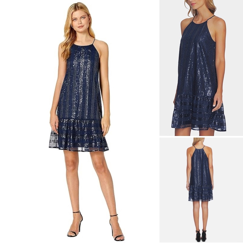 CeCe Sequin Halter Party Shift Dress Ruffle Trim Spaghetti Straps Lined Navy